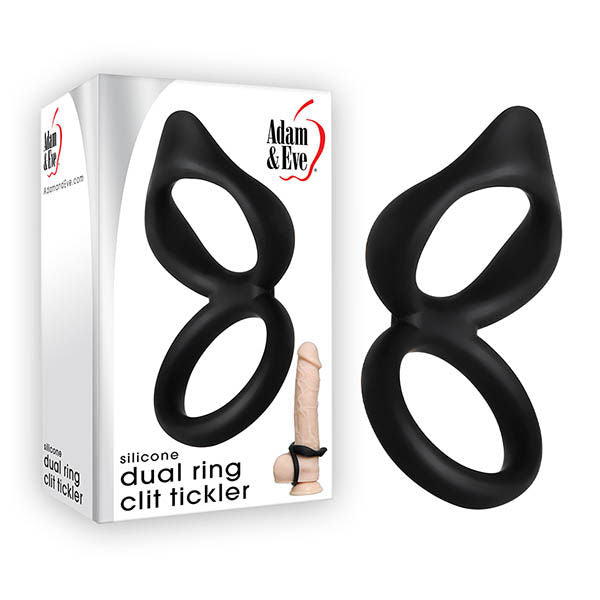 Adma&Eve Silicone Dual Ring clit Tickler black front product view and box view | Flirtybay.com.au