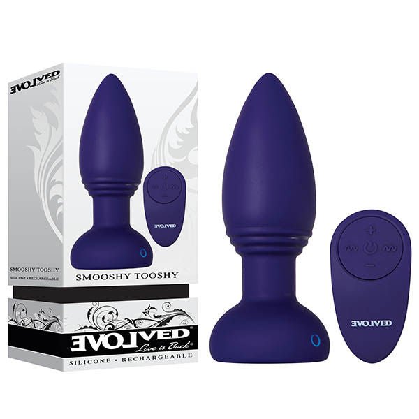 Evolved - smooshy tooshy - remote control vibrating butt plug - Product front view and box front view | Flirtybay