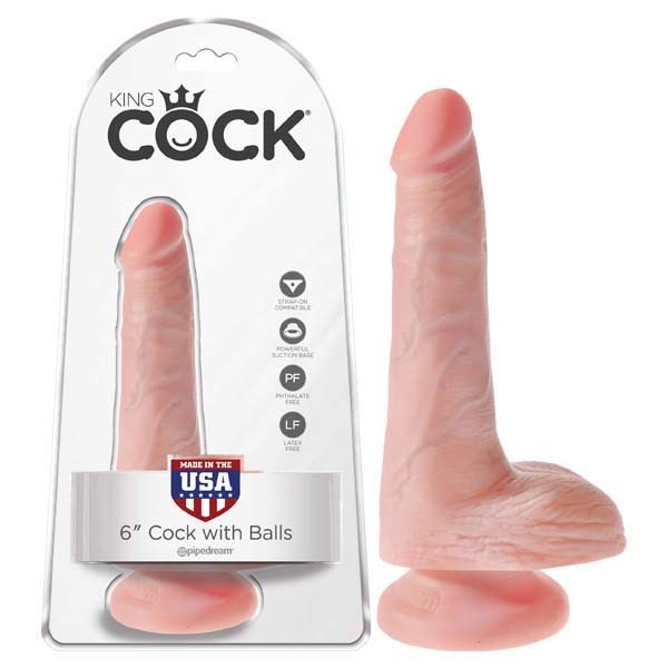 King Cock 6" dildo with balls, flesh, front view  with box| Flirtybay.com.au