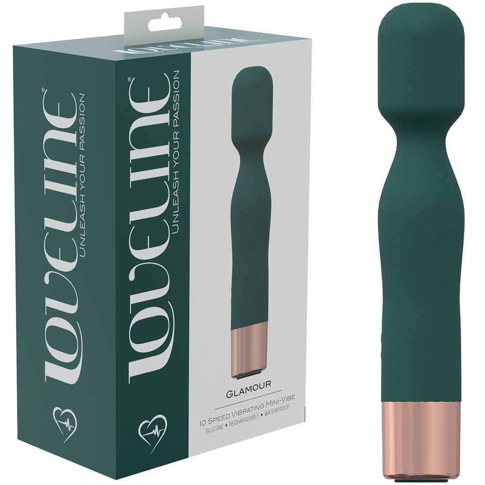 Loveline glamour - vibrating wand - clitoral stimulator - Product front view and box side view | Flirtybay