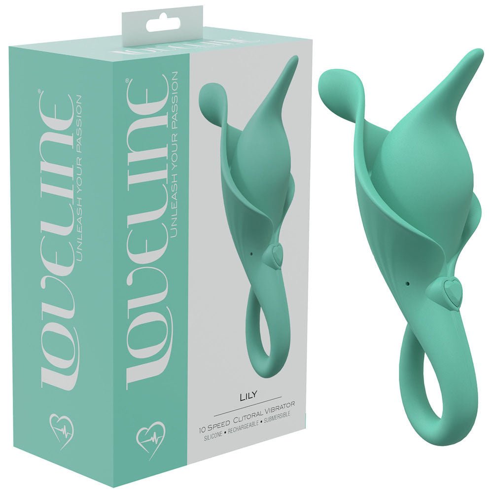 Loveline lily - clitoral stimulator - finger vibrator - Product front view and box side view | Flirtybay