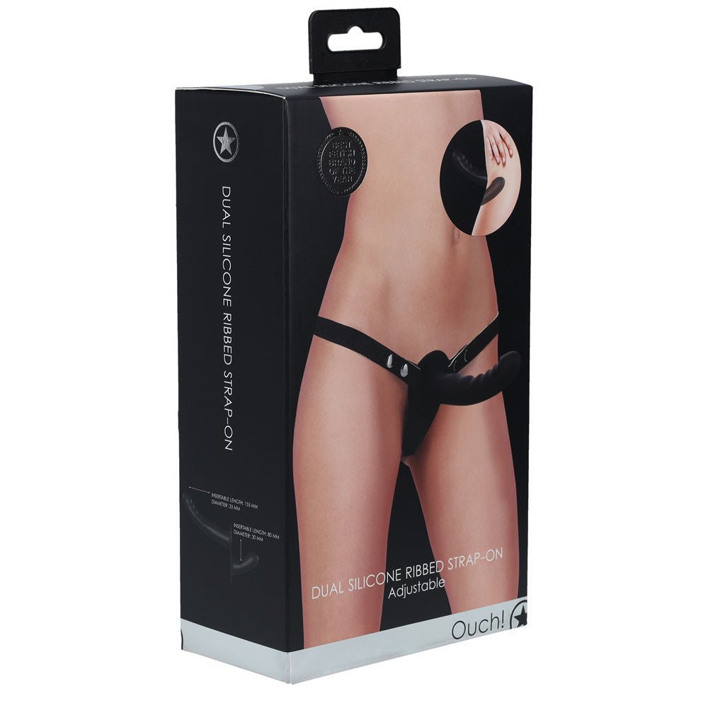 Ouch! dual silicone ribbed strap-on -  box side view | Flirtybay