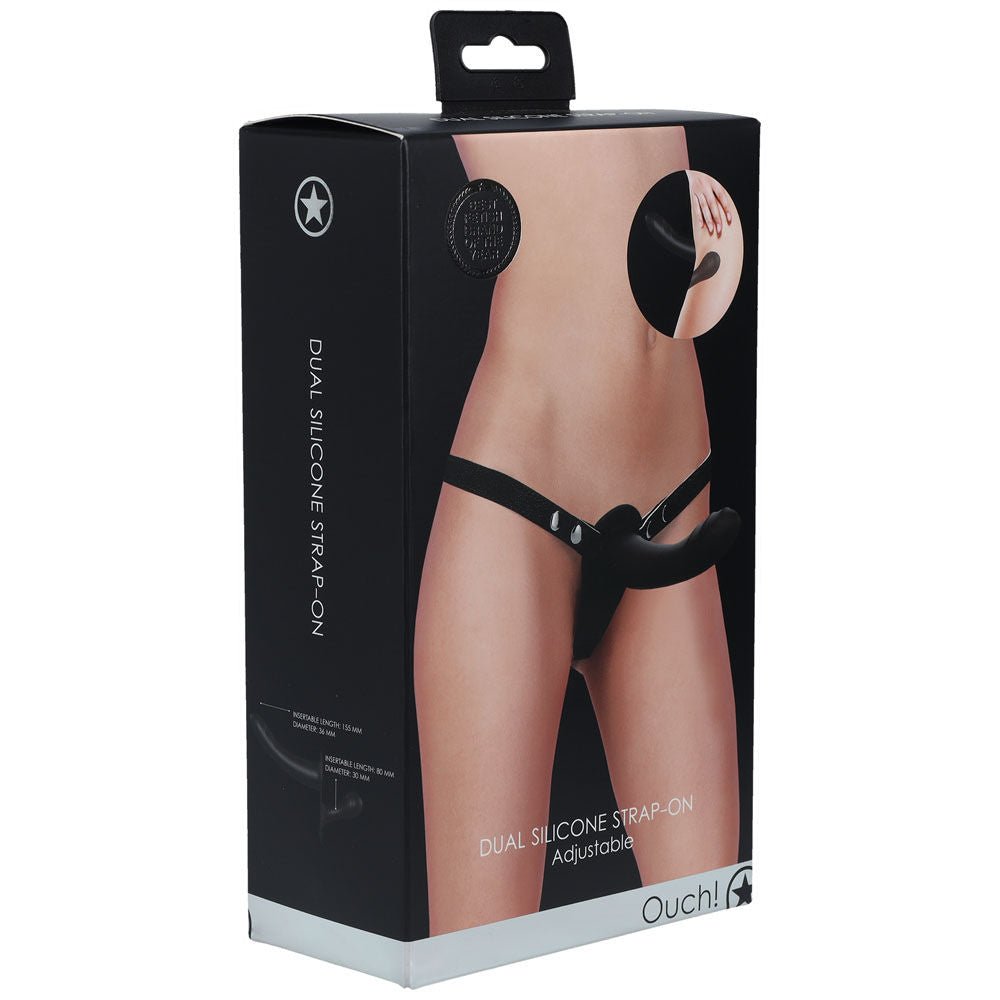Ouch! dual silicone strap-on -  box side view | Flirtybay