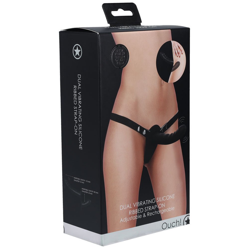 Ouch! dual vibrating silicone ribbed strap-on -  box side view | Flirtybay