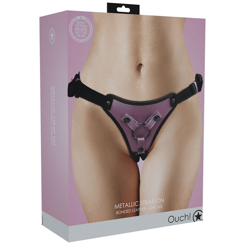 Ouch! - metallic strap-on harness - rose -  box side view | Flirtybay