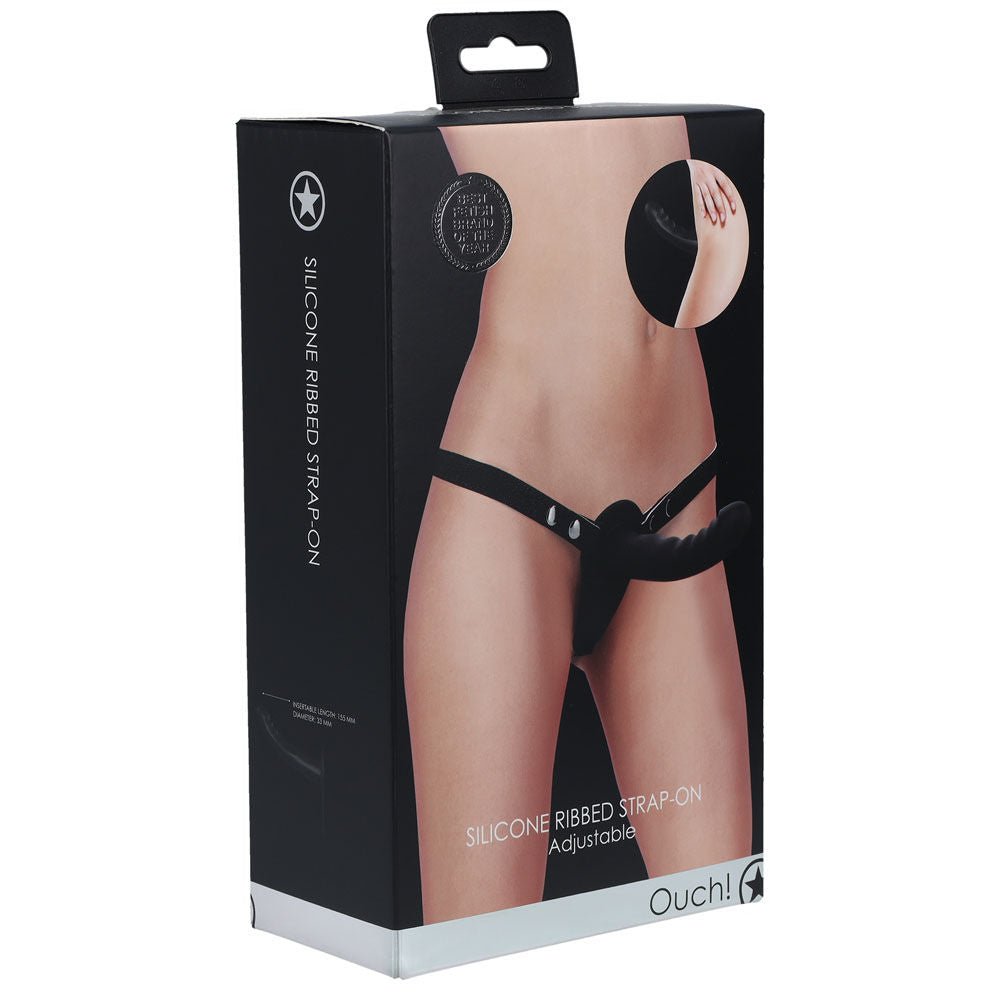 Ouch! silicone ribbed strap-on -  box side view | Flirtybay