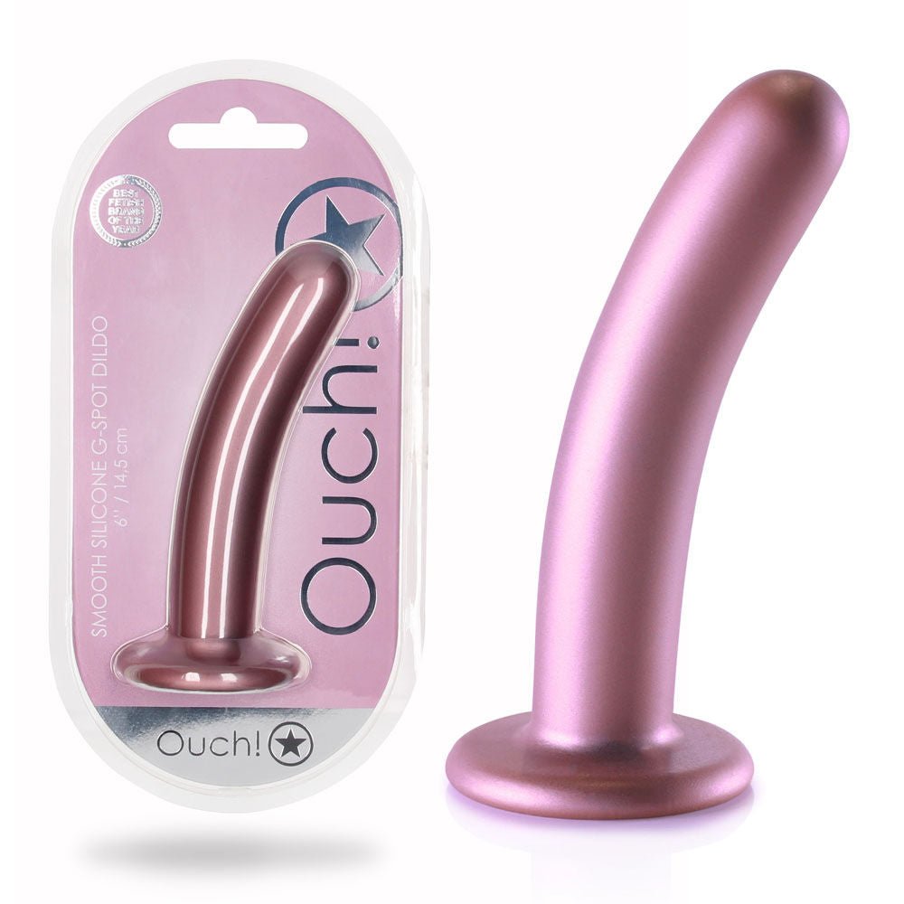 Ouch! smooth silicone g-spot anal dildo - 6 - rose gold - Product side view and box front view | Flirtybay