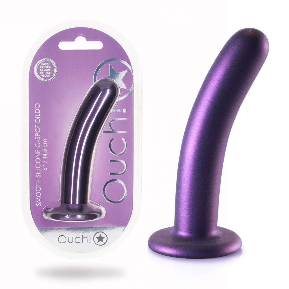 Ouch! smooth silicone g-spot dildo - 6'' - Product side view and box front view | Flirtybay