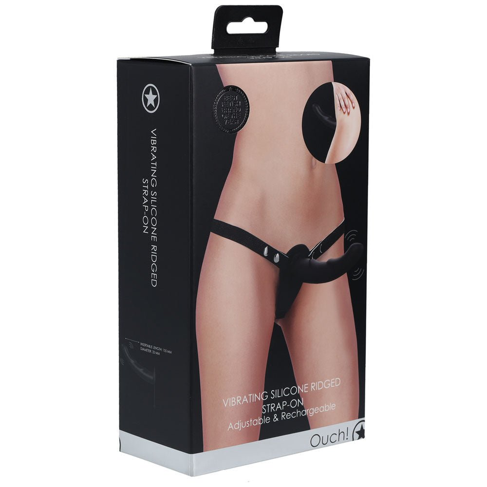 Ouch! vibrating silicone ridged strap-on -  box side view | Flirtybay