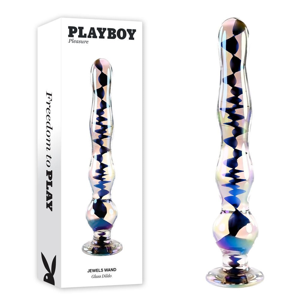 Playboy pleasure -  jewels wand - glass dildo - Product front view and box side view | Flirtybay