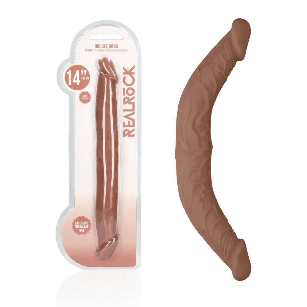 Realrock 14'' double-ended dildo - Product side view and box front view | Flirtybay