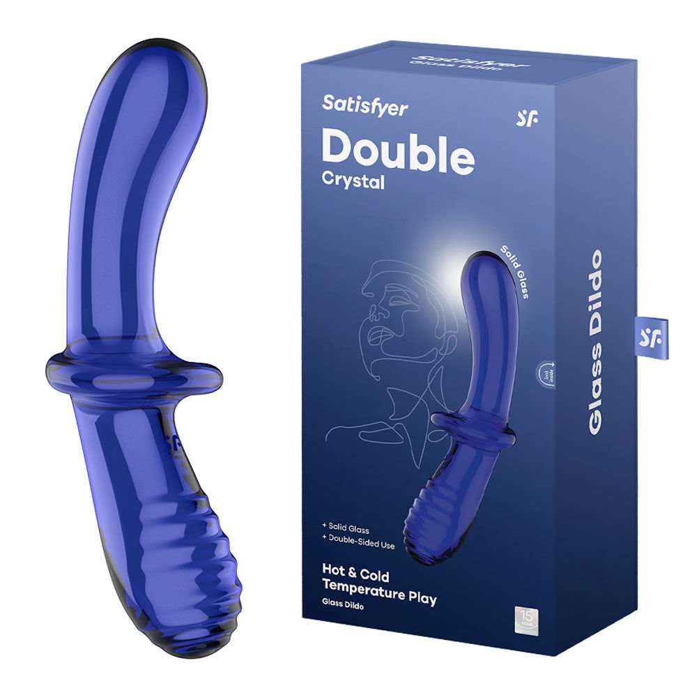 Satisfyer double crystal - glass dildo - Product front view and box side view | Flirtybay