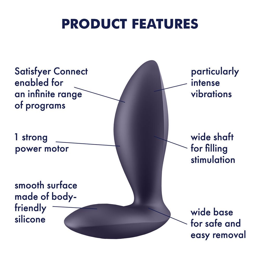 Satisfyer - power plug - app controlled vibrating butt plug - Product side view, with specifications  | Flirty Bay
