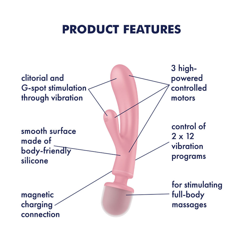 Satisfyer - triple lover wand & rabbit vibrator - Product front view, with specifications  | Flirtybay Sex shop australia
