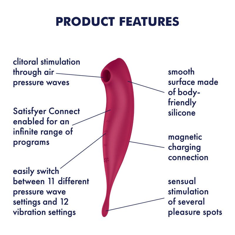 Satisfyer red twirling pro+ - app controlled clitoral suction stimulator - Product side view, with specifications  | Flirty Bay