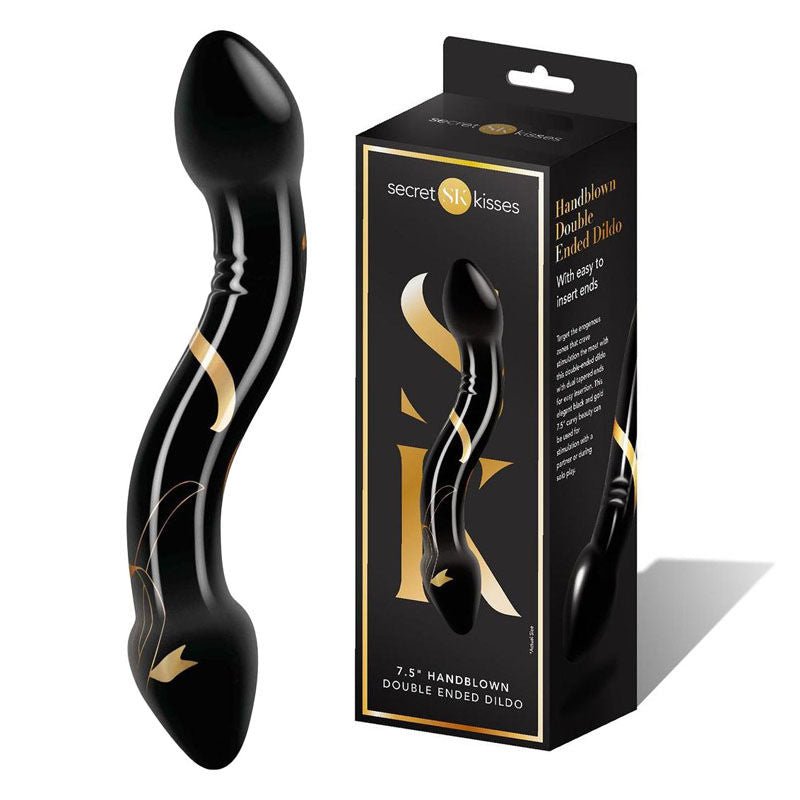 Secret kisses 7.5'' handblown double ended glass dildo - Product front view and box front view | Flirtybay