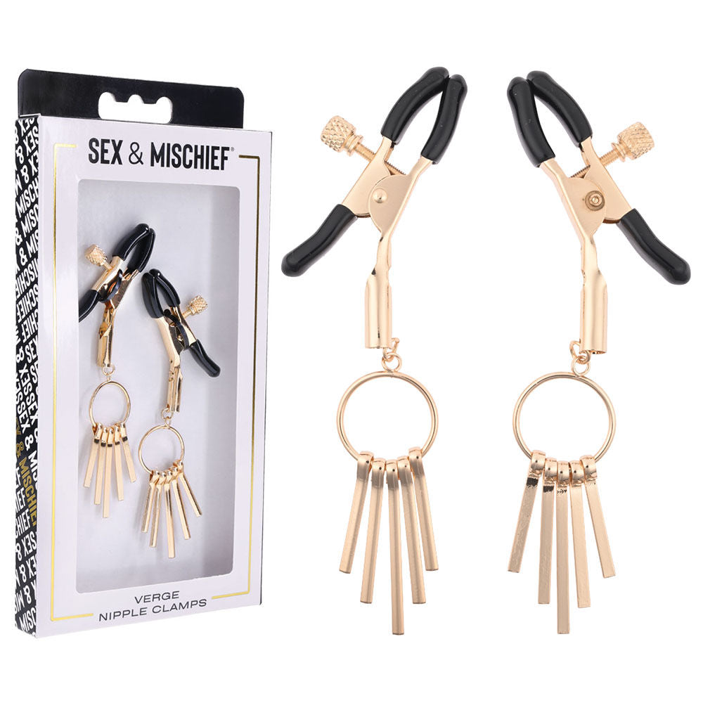 Sex & mischief verge - nipple clamps - Product front view and box side view | Flirtybay