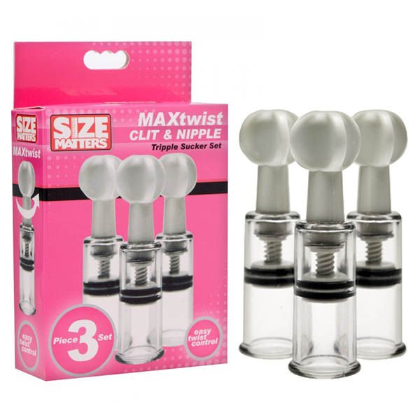Size matters max twist clit & nipple tripple sucker set - Product front view and box side view | Flirtybay