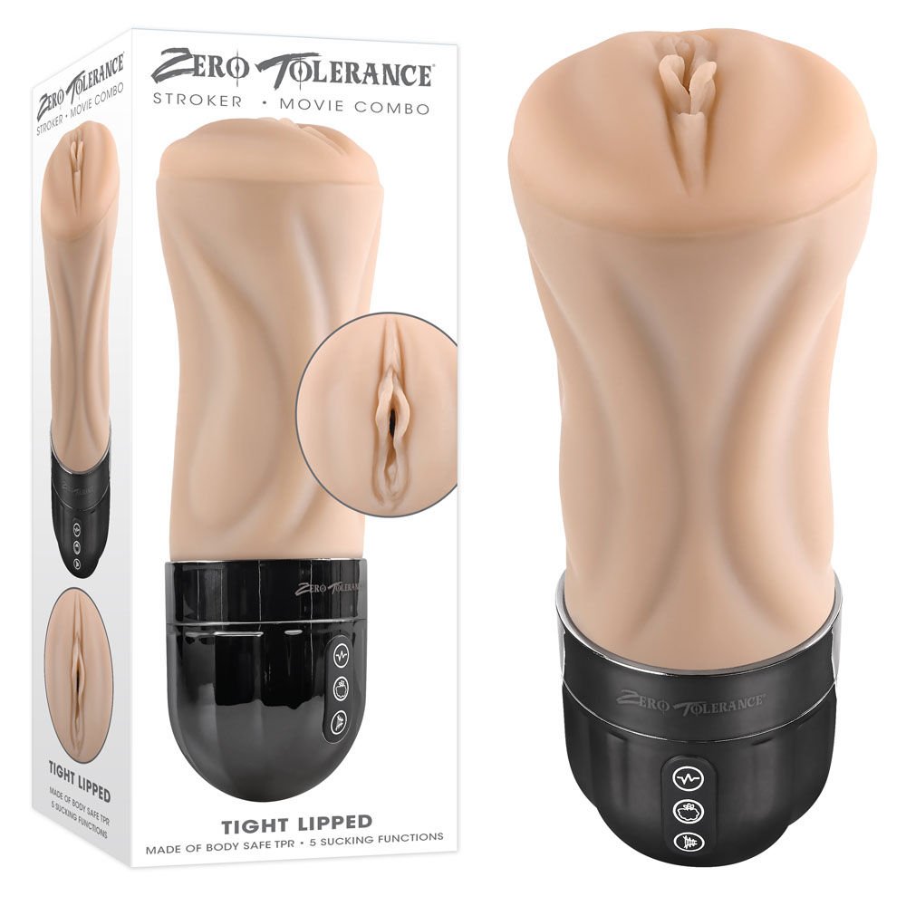 Zero tolerance - tight lipped - light - vibrating pocket pussy - Product front view and box side view | Flirty Bay