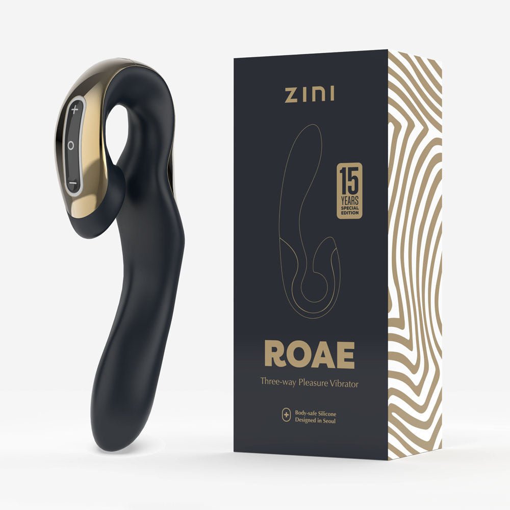 Zini roae special edition - gold - rabbit vibrator - Product front view and box side view | Flirtybay