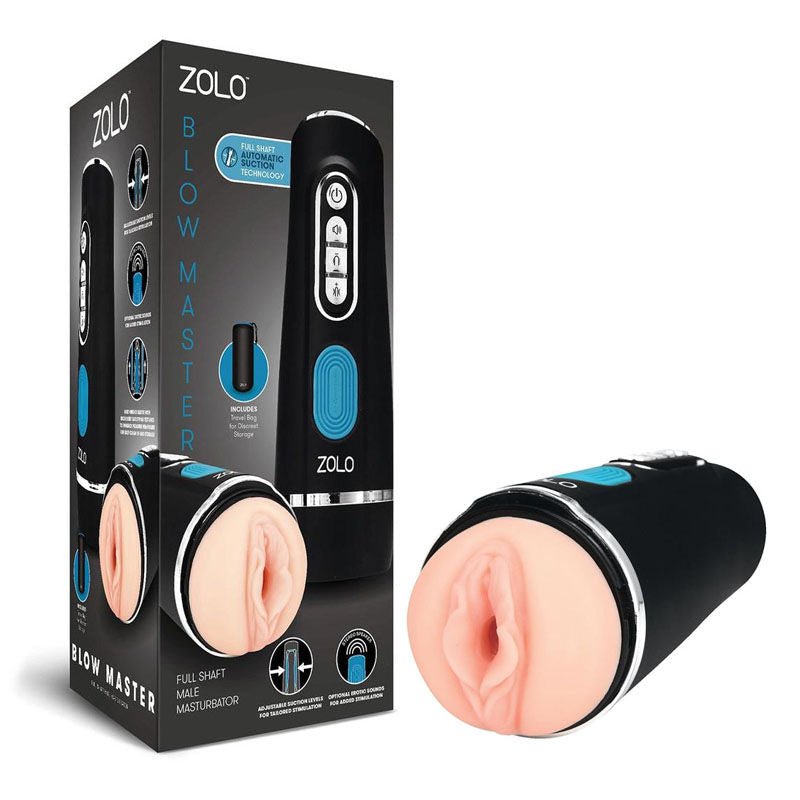 Zolo - blow master - vibrating pocket pussy - masturbator - Product side view and box side view | Flirtybay