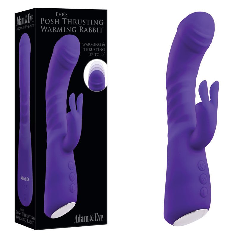 Adam & eve - eve's posh thrusting warming rabbit vibrator - Product side view and box side view | Flirtybay.com.au