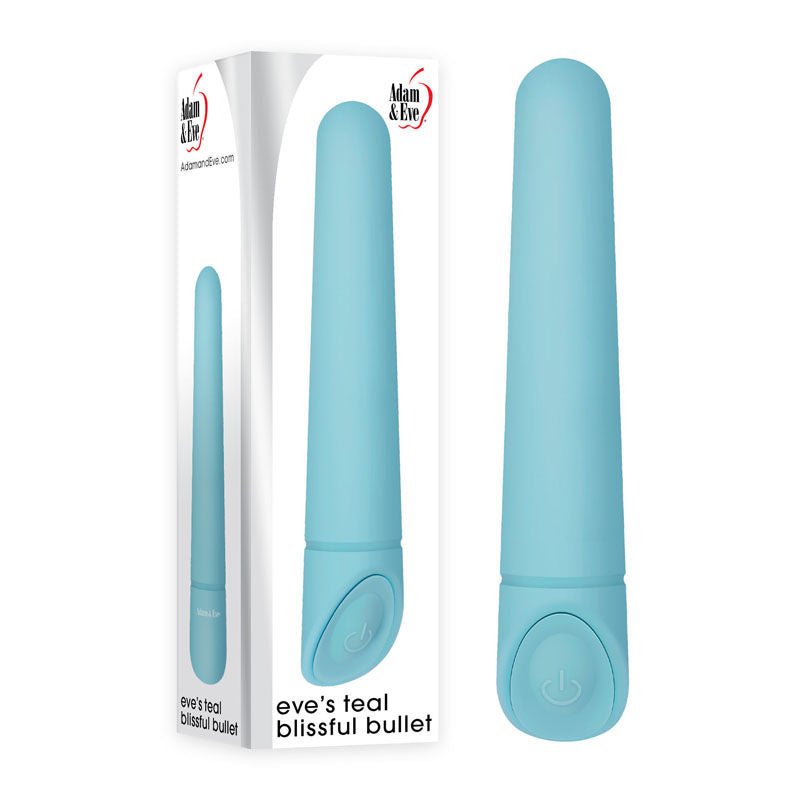 Adam & eve - eve's teal blissful bullet - Product front view and box front view | Flirtybay.com.au