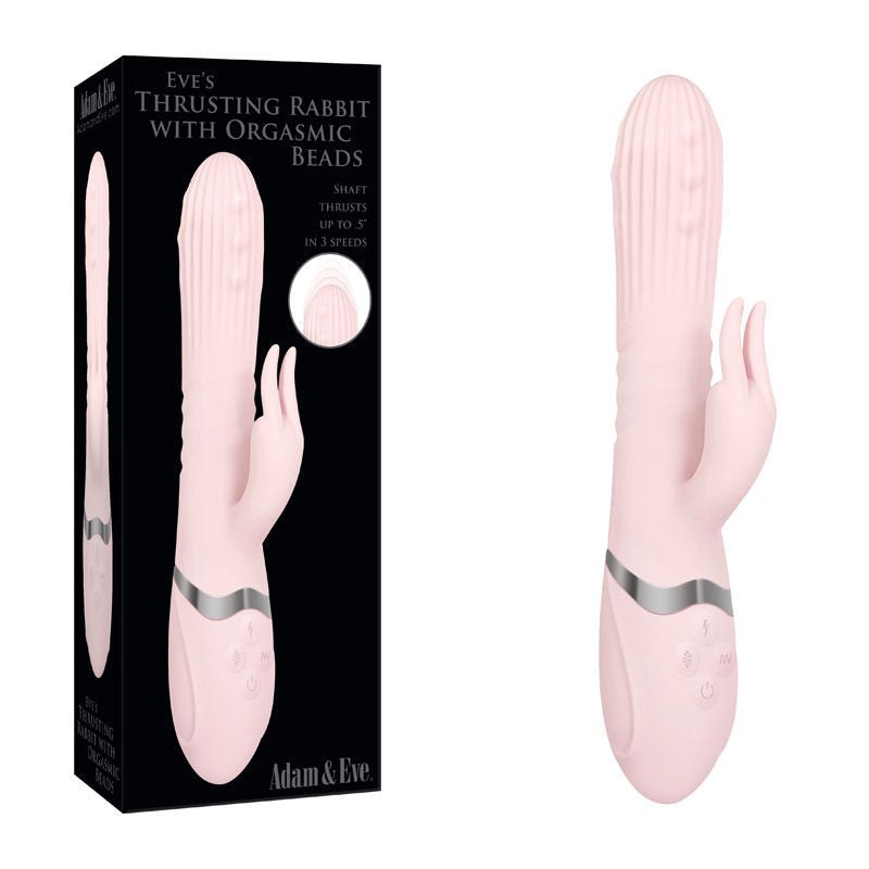 Adam & eve - eve's thrusting rabbit vibrator - Product front view and box front view | Flirtybay.com.au