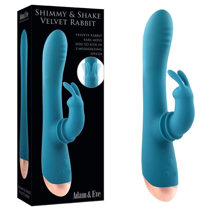 Adam & eve - shimmy and shake rabbit vibrator - Product front view and box front view | Flirtybay.com.au