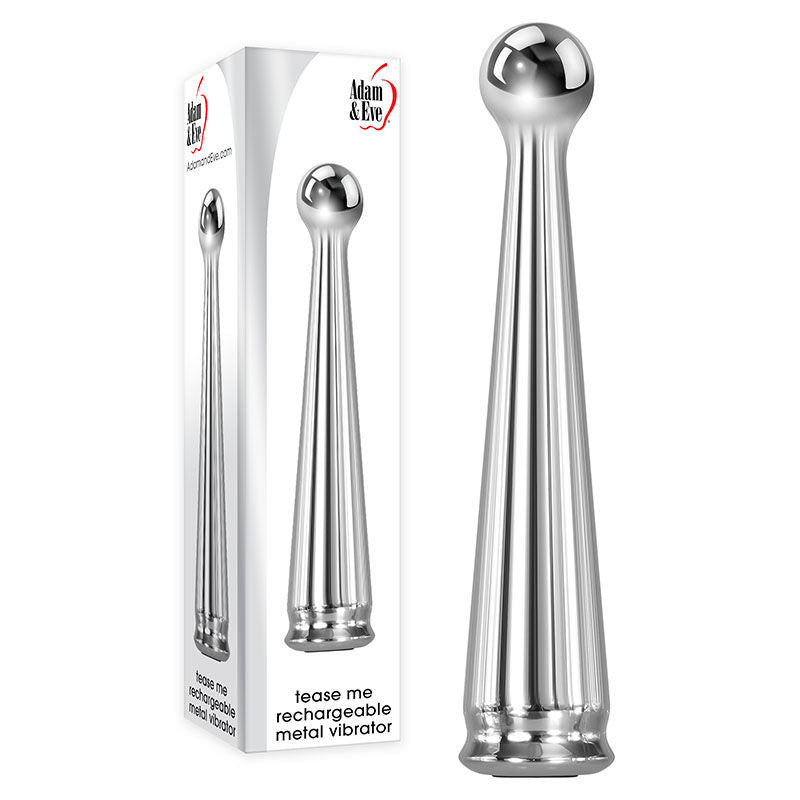 Adam & eve - tease me rechargeable metal vibrator - Product front view and box side view | Flirtybay.com.au