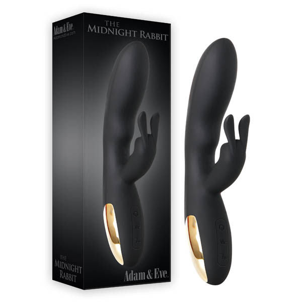 Adam & eve - the midnight - rabbit vibrator - Product side view and box side view | Flirtybay.com.au