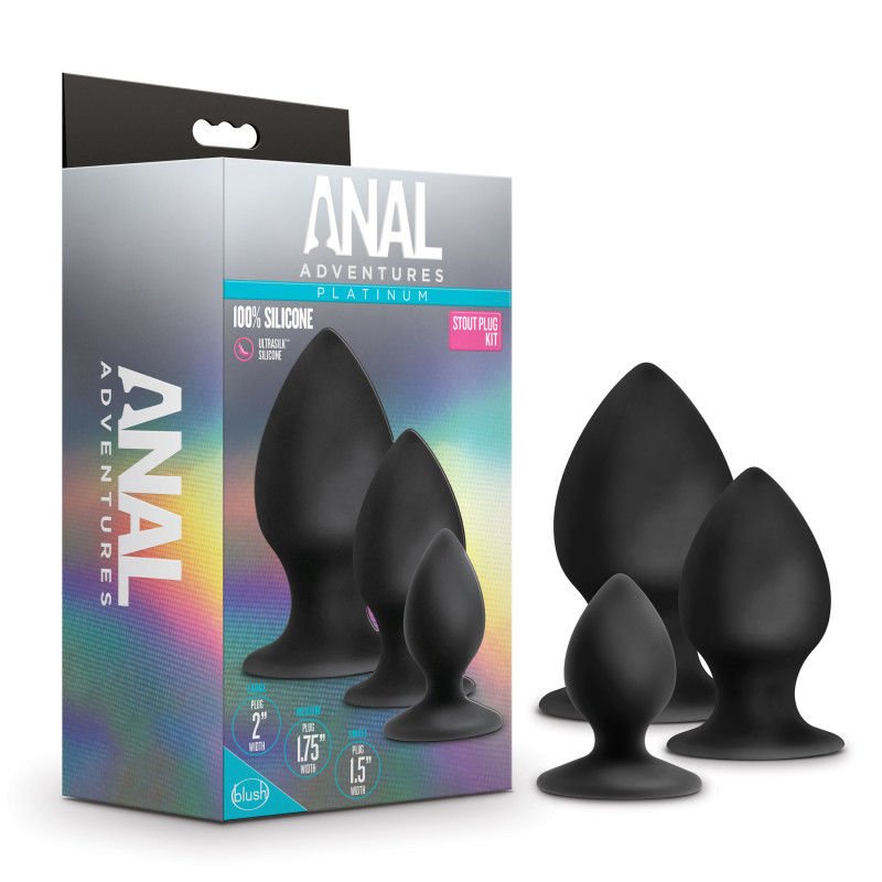 Anal adventures - platinum anal stout plug kit - Product front view and box side view | Flirtybay.com.au