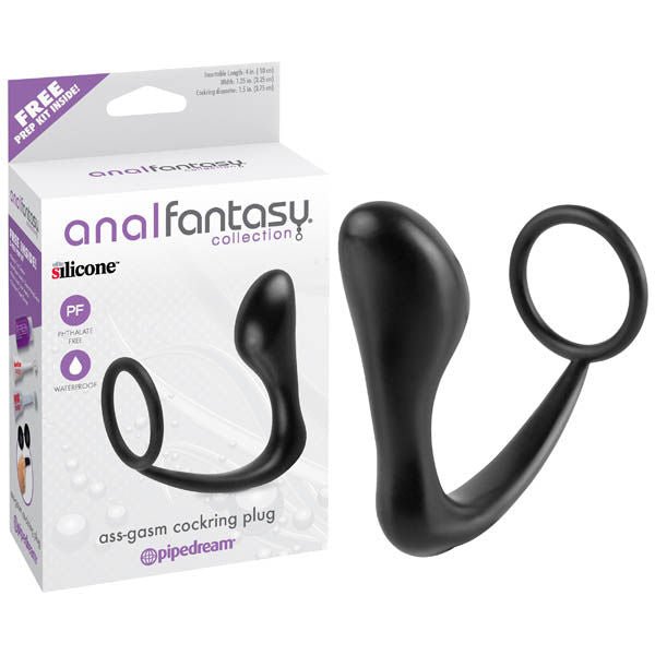 Anal fantasy - collection ass-gasm cock ring butt plug - Product side view and box front view | Flirtybay.com.au