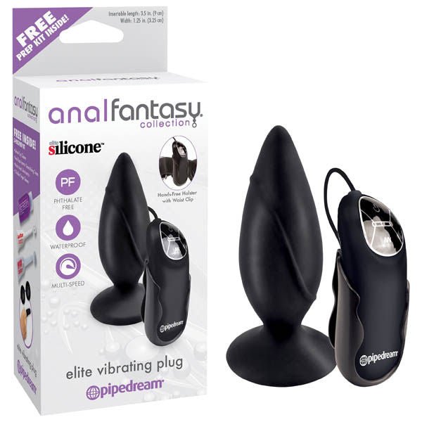 Anal fantasy collection - elite vibrating butt plug - Product front view and box front view | Flirtybay.com.au