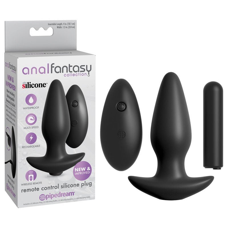 Anal fantasy collection - remote control silicone butt plug - Product front view and box front view | Flirtybay.com.au