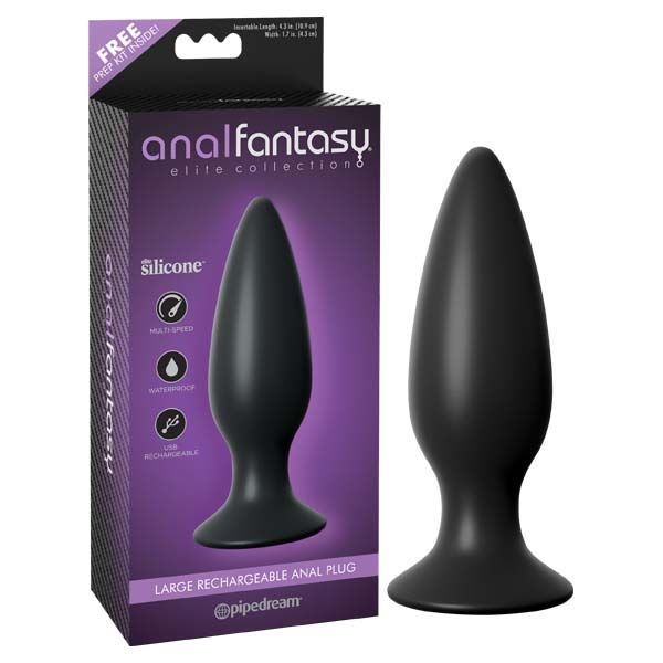 Anal fantasy - elite large rechargeable butt plug - Product front view and box front view | Flirtybay.com.au