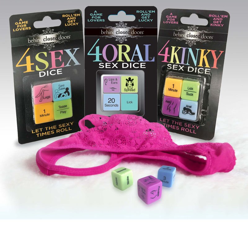 Behind closed doors - 4 kinky sex dice - Product front view and box front view | Flirtybay.com.au