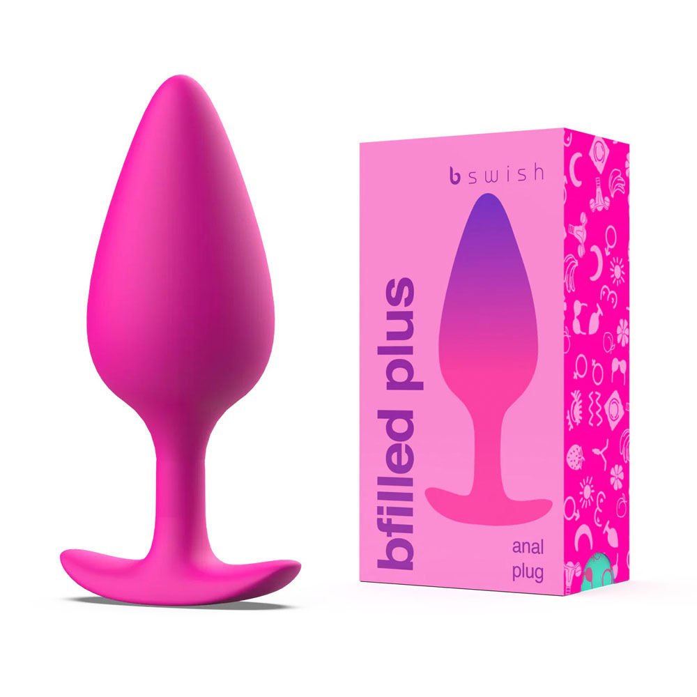 Bfilled -  basic plus - magenta butt plug - Product front view and box side view | Flirtybay