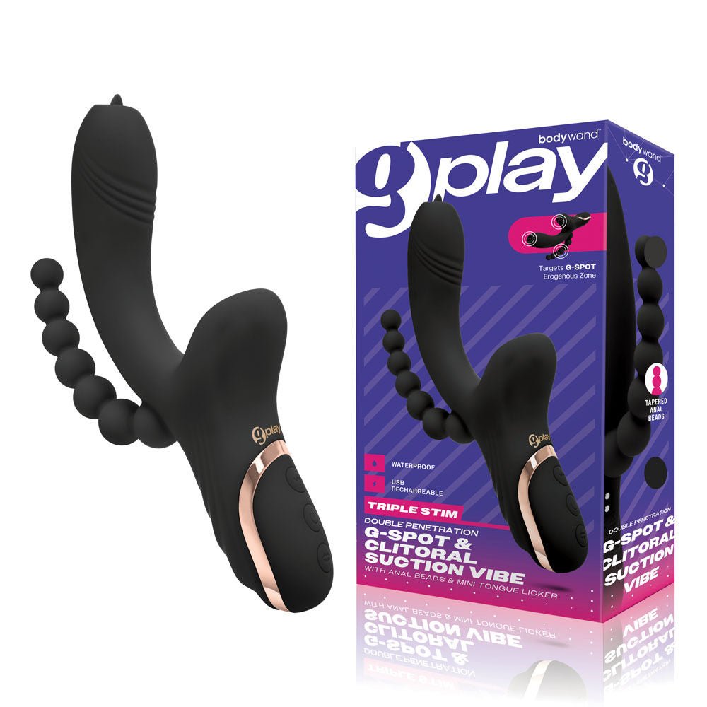 Bodywand - g-play g-spot & clitoral suction vibe - Product side view and box side view | Flirtybay.com.au