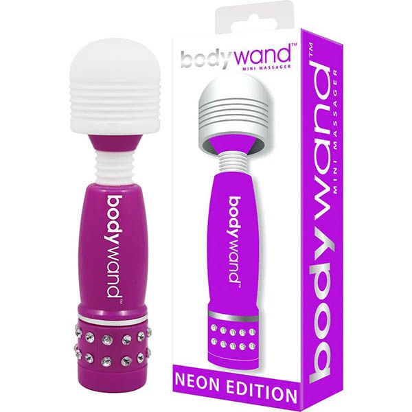 Bodywand - mini neon purple vibrating wand - Product front view and box front view | Flirtybay.com.au