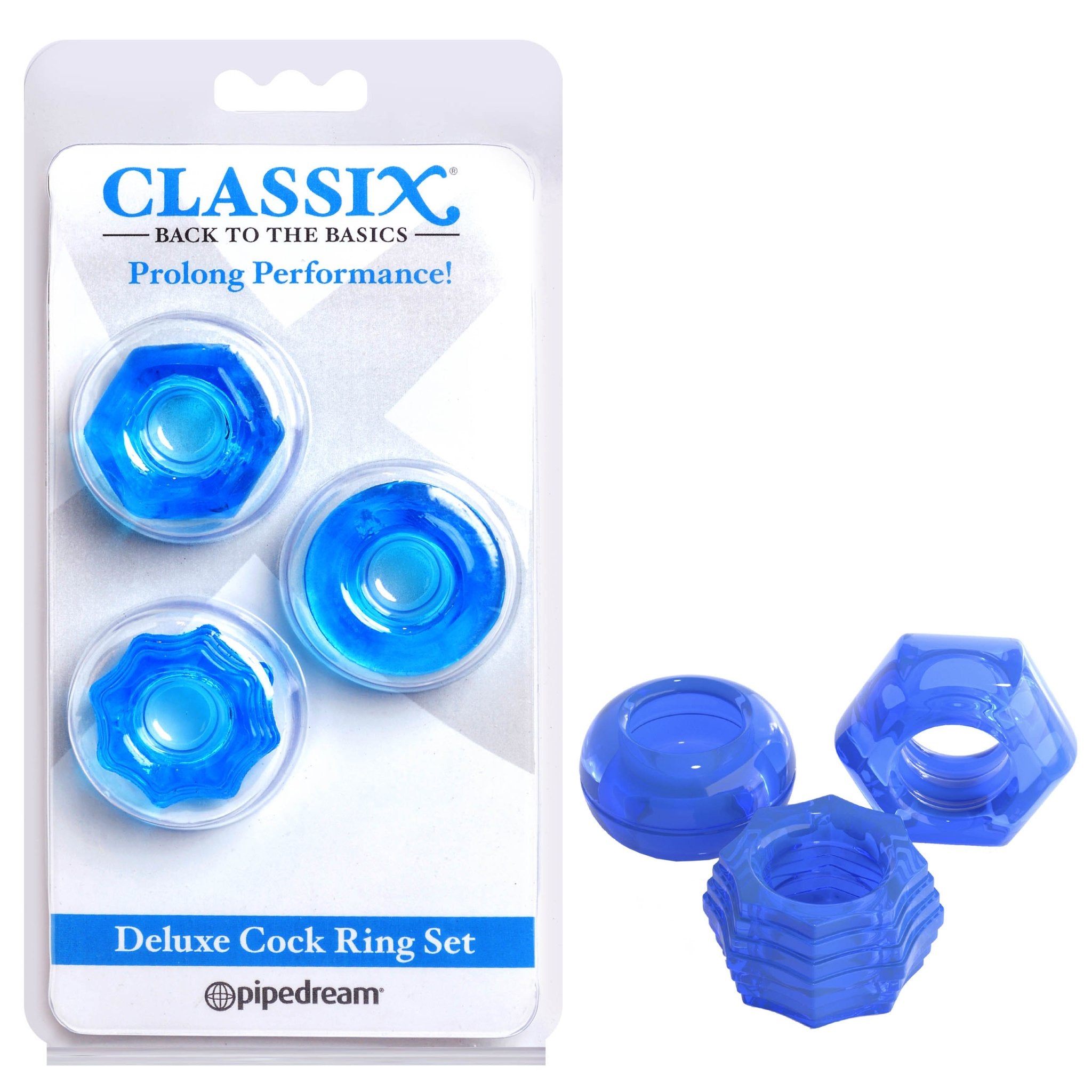 Classix - deluxe cock ring set - Product front view and box front view | Flirtybay.com.au