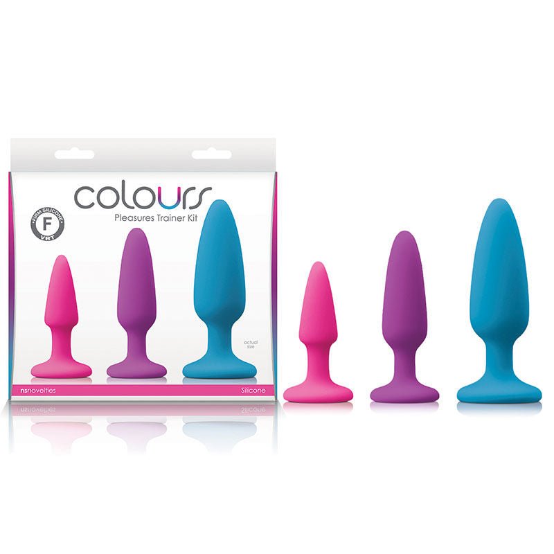 Colours - pleasures trainer kit - butt plugs - Product front view and box front view | Flirtybay.com.au