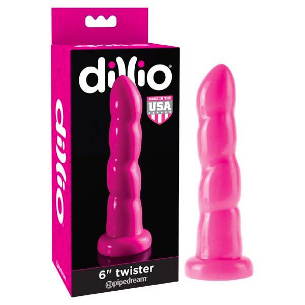 Dillio - 6'' twister dildo - Pink - Product front view and box front view | Flirtybay.com.au