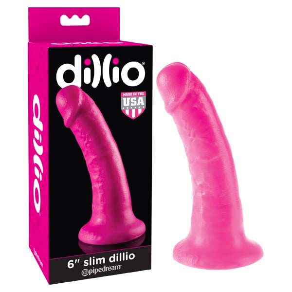 Dillio - slim  6''  dildo - Pink, Product front view and box side view | Flirtybay.com.au