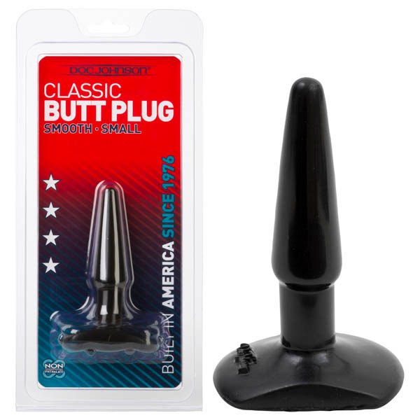 Doc johnson - classic black butt plug - Product front view and box front view | Flirtybay.com.au