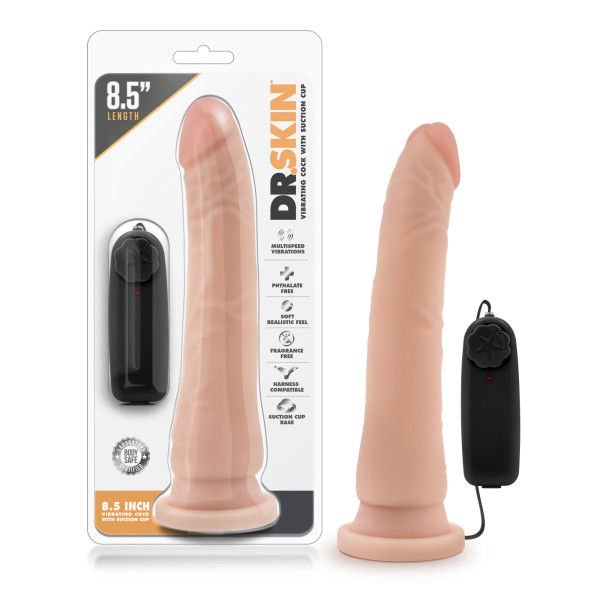 Dr. skin - 8.5 vibrating realistic dildo - Product front view and box front view | Flirtybay.com.au