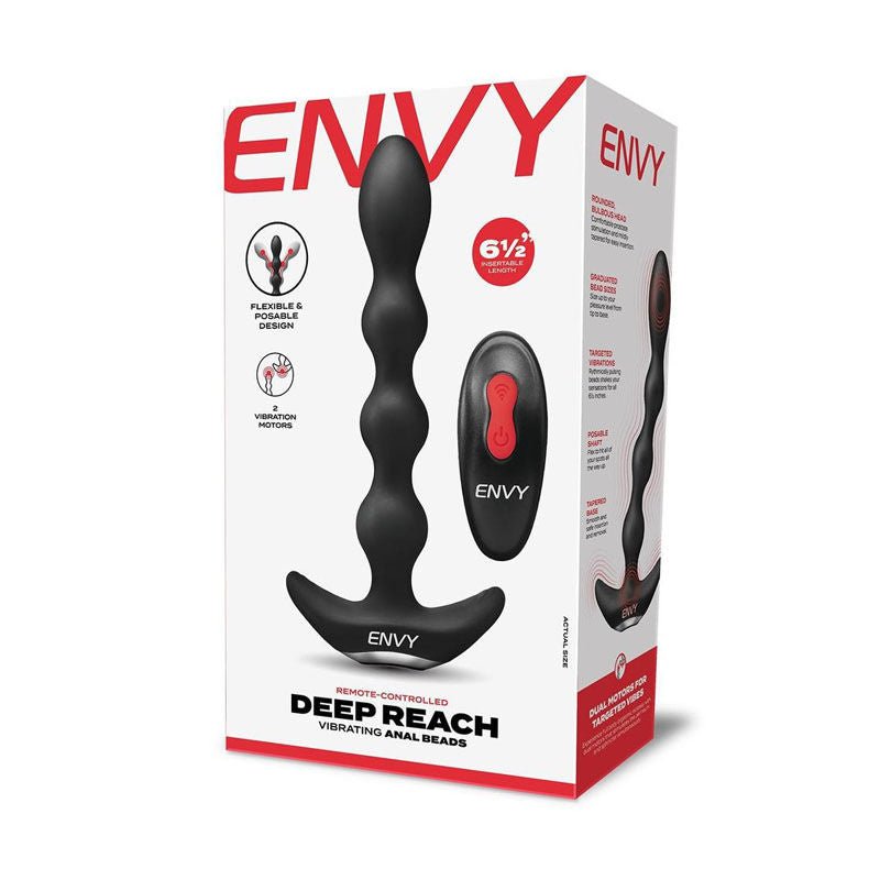 Envy - deep reach vibrating anal beads -  box front view | Flirtybay.com.au