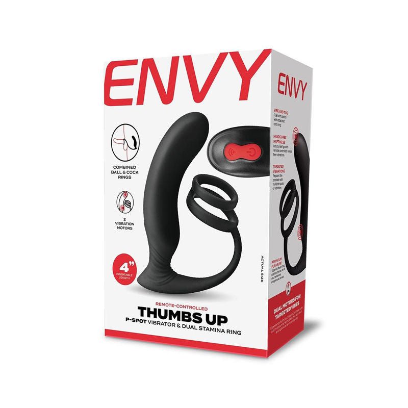 Envy - thumbs up p-spot vibrator & dual stamina cock ring -  box front view | Flirtybay.com.au
