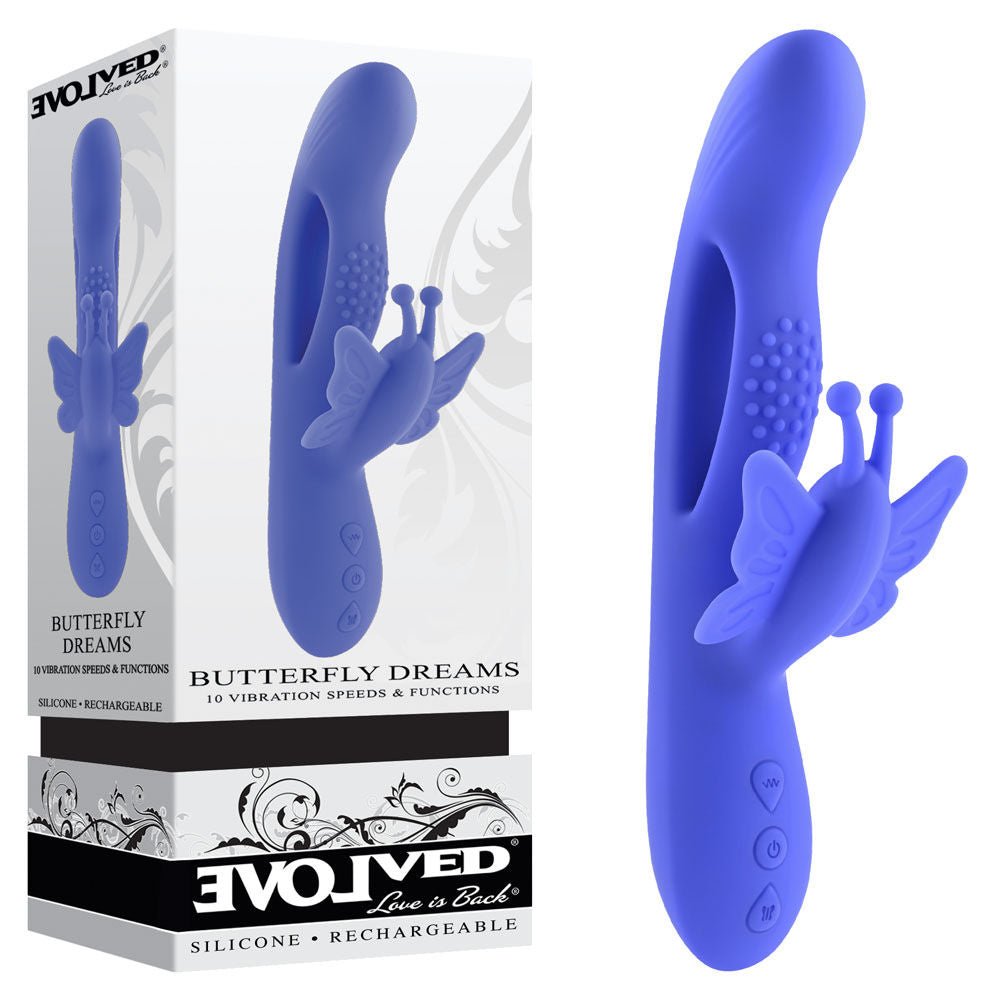 Evolved - butterfly rabbit vibrator - Product front view and box front view | Flirtybay.com.au