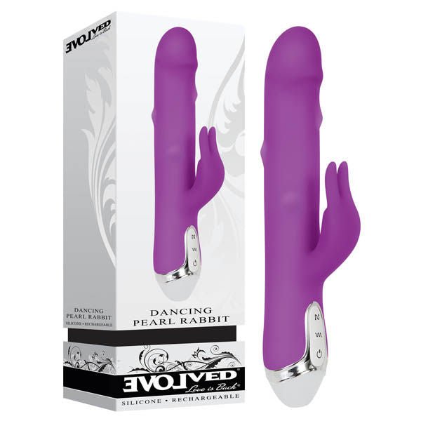 Evolved - dancing pearl rabbit vibrator - Product front view and box front view | Flirtybay.com.au